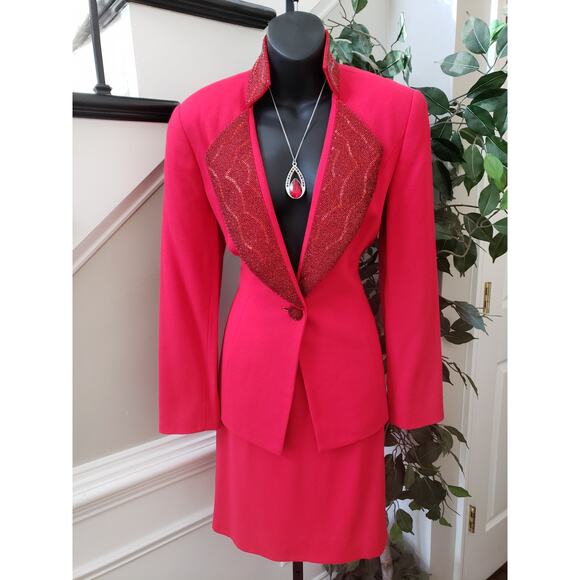 Vintage Bicci Florine Wachter Skirt Suit Set8 Red Sngle Breasted Beaded Lapel